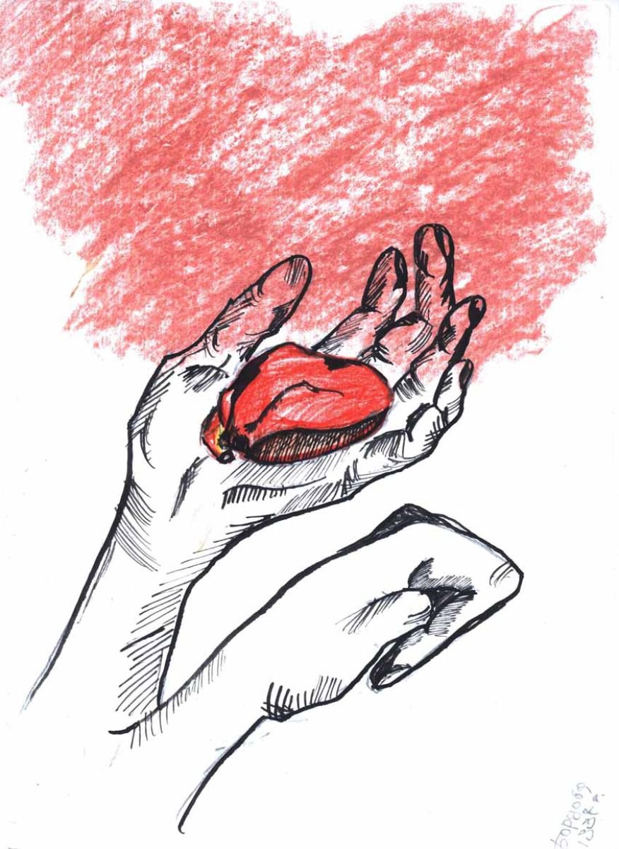 Graphic Portrait Ink Drawing By Kateryna Bortsova, 8 X 11", My Heart In Your Hands, Original Artwork