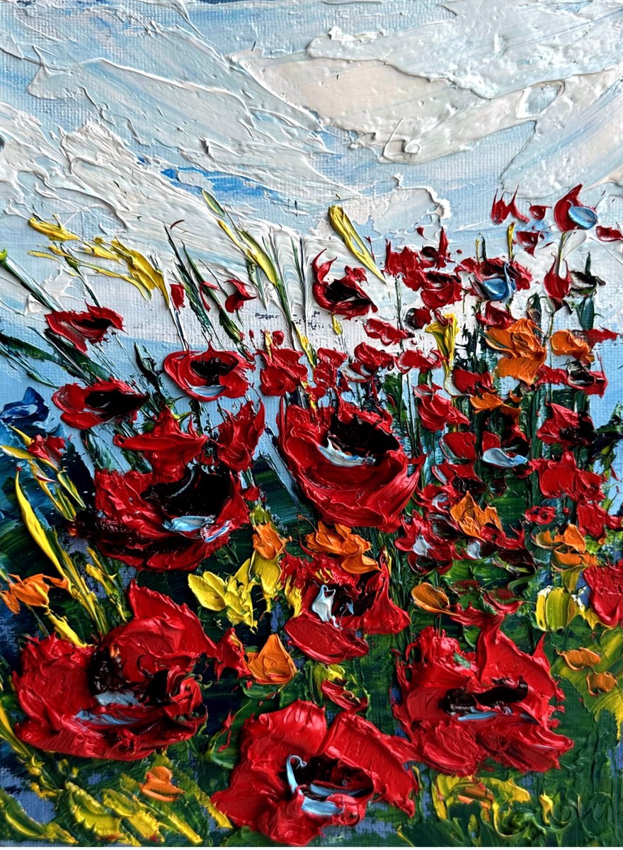 Impressionistic Botanical Oil Painting By Oksana Fedorova, 7 X 9", Red Poppies Impasto Painting, Original Artwork