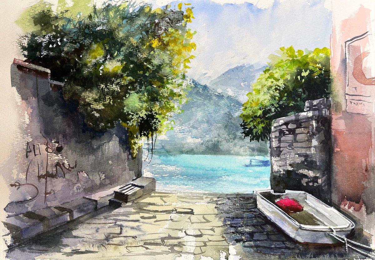 Impressionistic Landscape Watercolour By Maria Kireev, 15 X 11", Cernobbio, Original Artwork