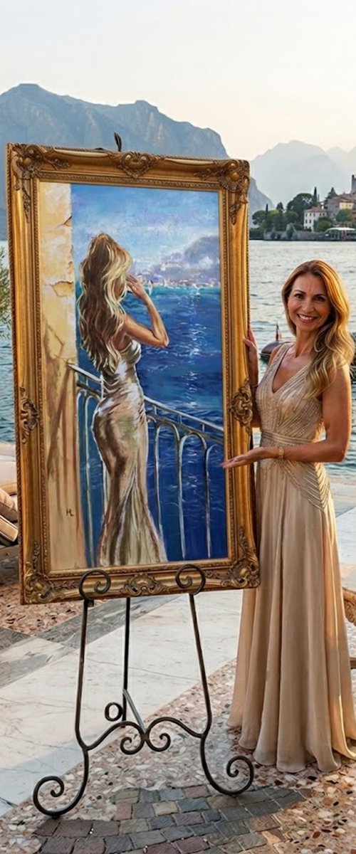 " GARDA VIEW WITH GIRL DRINKING CHAMPAGNE " by Monika Luniak