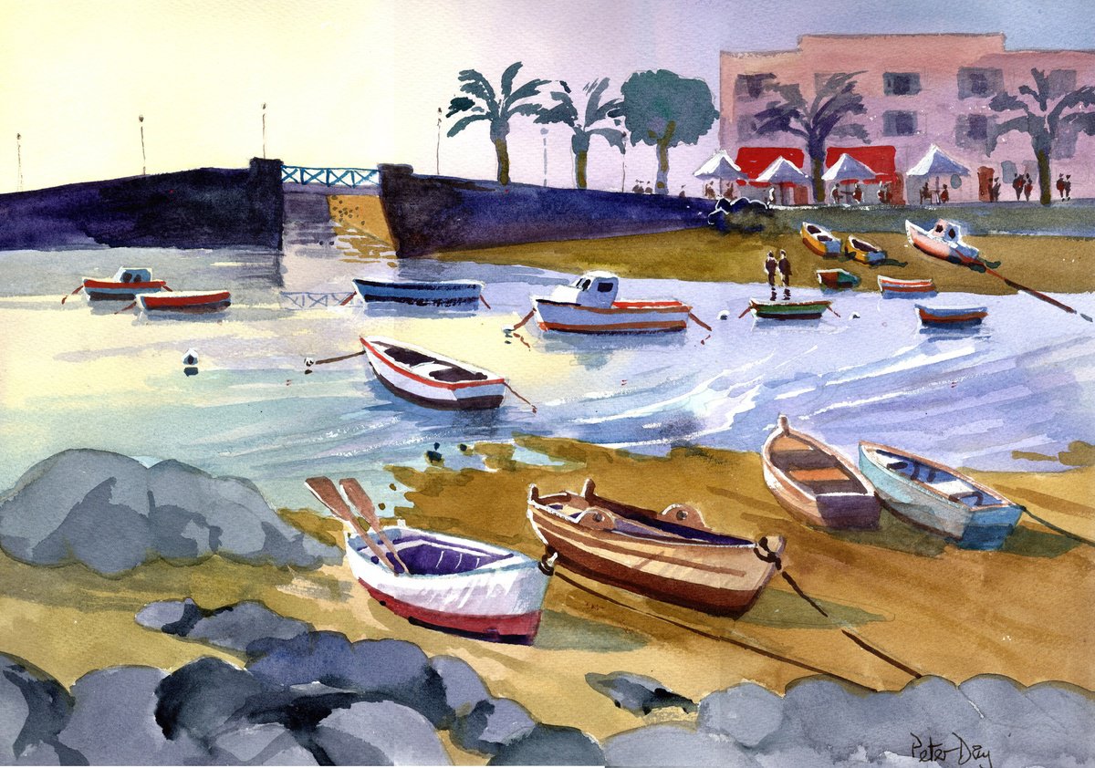 Impressionistic Landscape Watercolour By Peter Day, 17 X 13", Lanzarote Harbour, Arrecife, Original Artwork