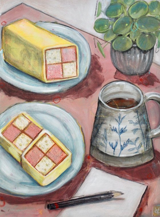 Tea and cake still life called The Batternberg Brainstorm