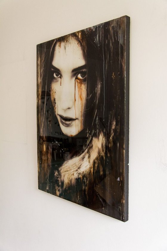 "Cry no more" (80x60x3cm) - Unique portrait artwork on wood (abstract, portrait, gouache, original, epoxy, painting, acrylic, oil, watercolor, wood)