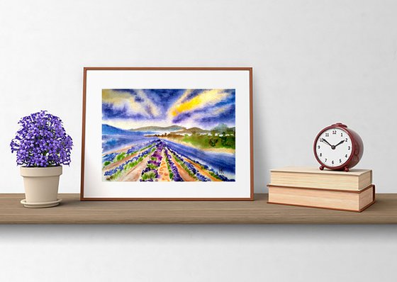 Tuscany Painting Landscape Original Art Small Lavender Field Watercolor Artwork Home Wall Art 12 by 8" by Halyna Kirichenko