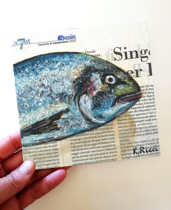"Fish's Head  on Newspaper" Original Oil on Canvas Board Painting 6 by 6 inches (15x15 cm)
