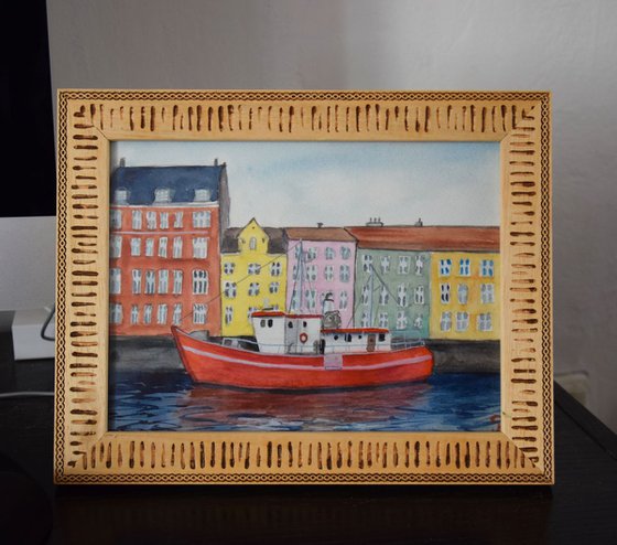 Ship in the harbour original watercolor painting, Denmark Copenhagen Nyhavn, old city architecture
