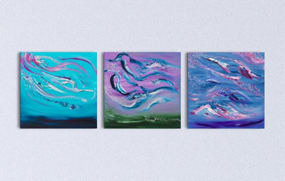She is coming, Triptych n° 3 Paintings, Original emotional landscapes, oil on canvas