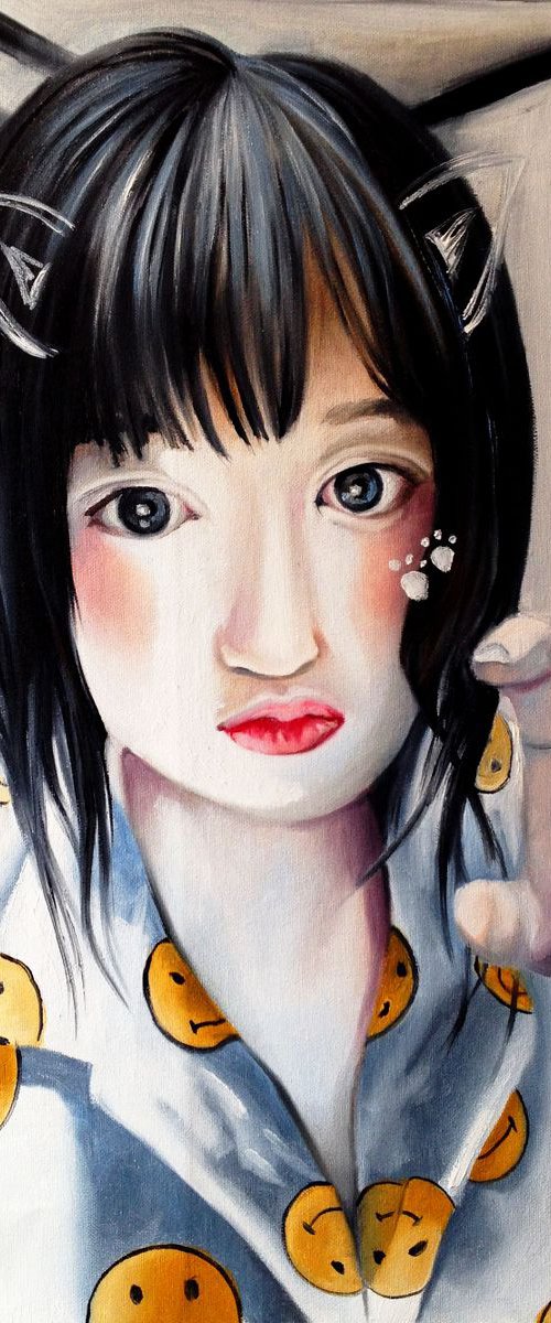 Selfie people : Meow girl - original painting- modern pop and urban portrait - 35 x 45 cm (14' x 17' ) by Valentina Toma' aka Zoe Chigi