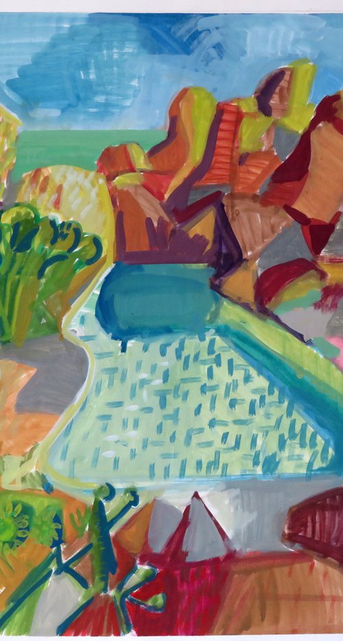 desert pool scene -in purple and orange by Stephen Abela