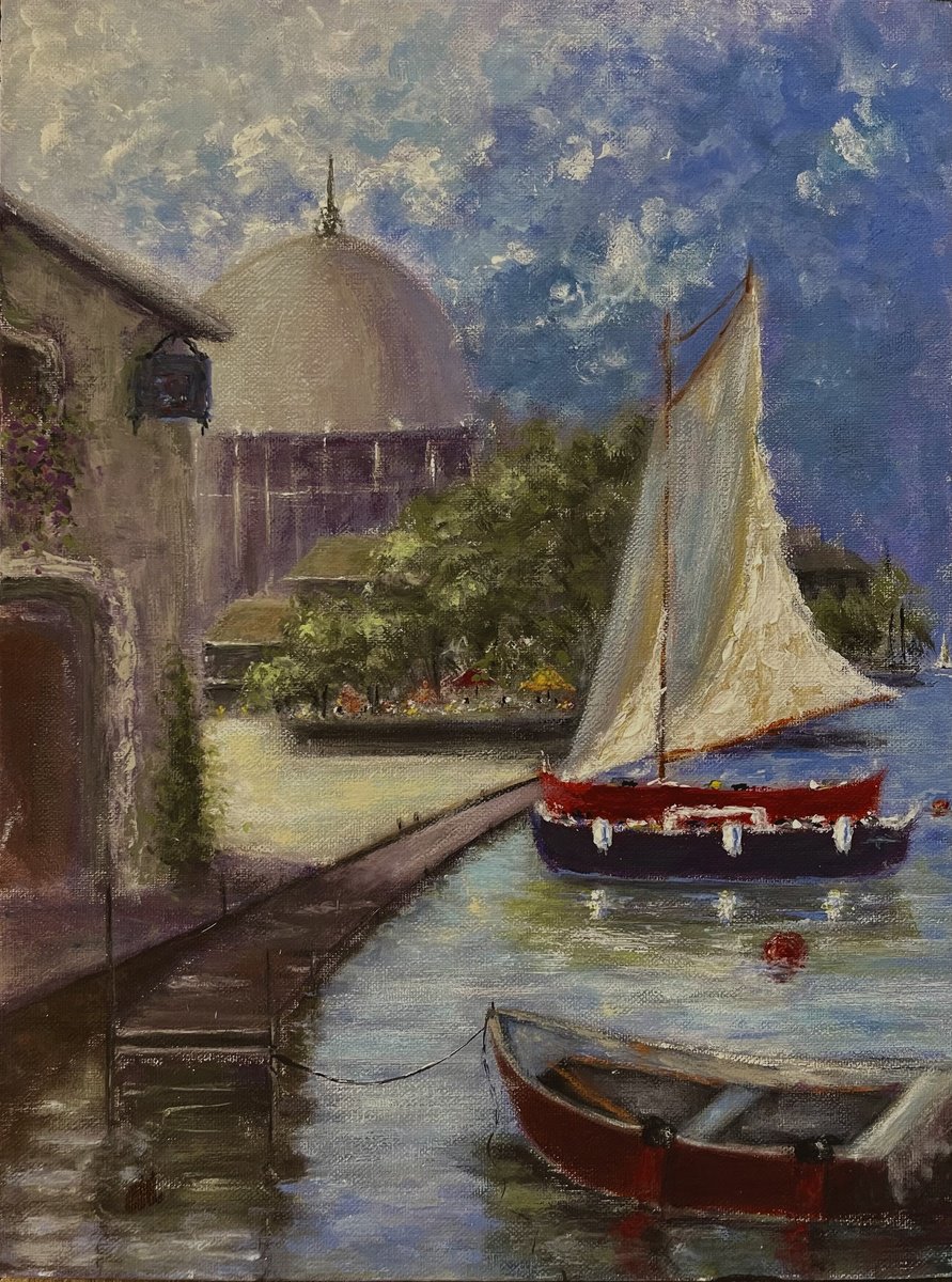 Impressionistic Landscape Acrylic Painting By Cristina Mihailescu, 12 X 16, A Postcard From Yvoire, Original Artwork