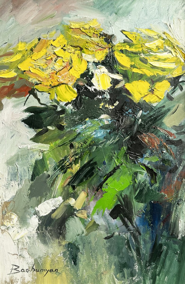 Abstract Botanical Oil Painting By Vahe Bagumyan, 16 X 24", Yellow Abstract Roses, Original Artwork