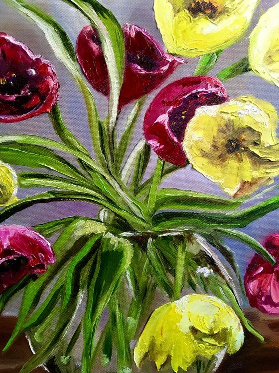 Bouquet of Red and Yellow tulips on wooden  table, still life. .