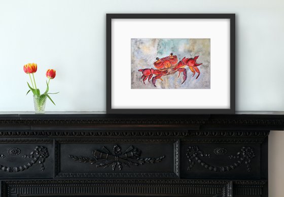 Animal original painting - Red Crab mixed media watercolor - Nautical wall art - Gift idea