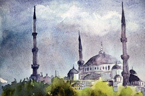 A Mosque in Istanbul, Watercolor on Paper, 21 x 29 cm