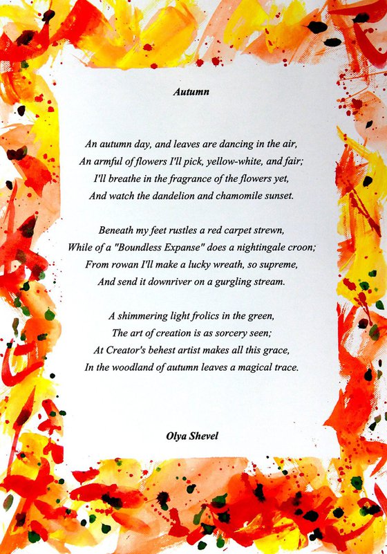 EXCLUSIVE !!!! Original oil on canvas with original poem + book. Painting and poem are both titled Autumn and created in conjunction. This painting will be printed in my upcoming book. A unique offer !!! Painting