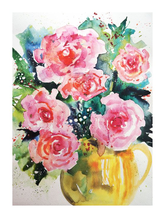 Pink Roses in a Yellow Jug