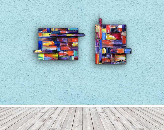 "Get In Shape" - FREE USA SHIPPING - Original Diptych PMS Mixed Media Sculptural Paintings On Wood, Framed -  45 x 26 inches