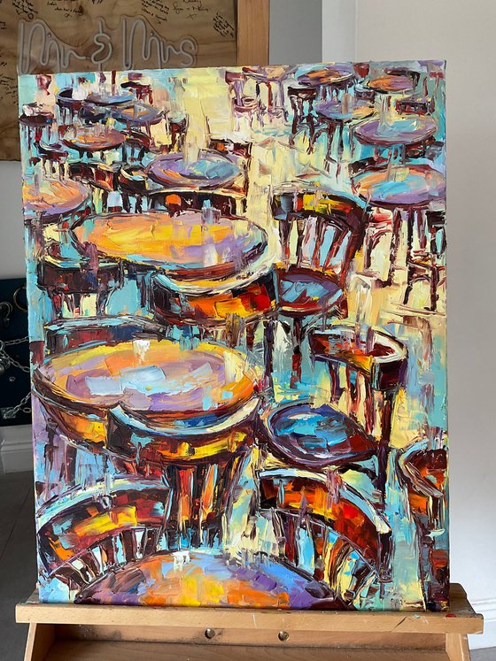 Outside cafe after rain. Pastel mood