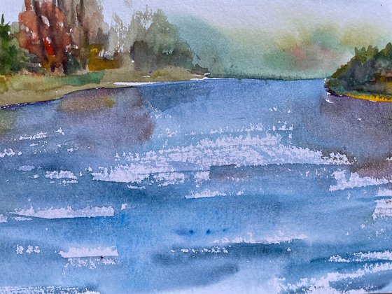 Mountain Original Watercolor Painting, Fall Landscape Artwork, Autumn River Picture, Christmas Gift