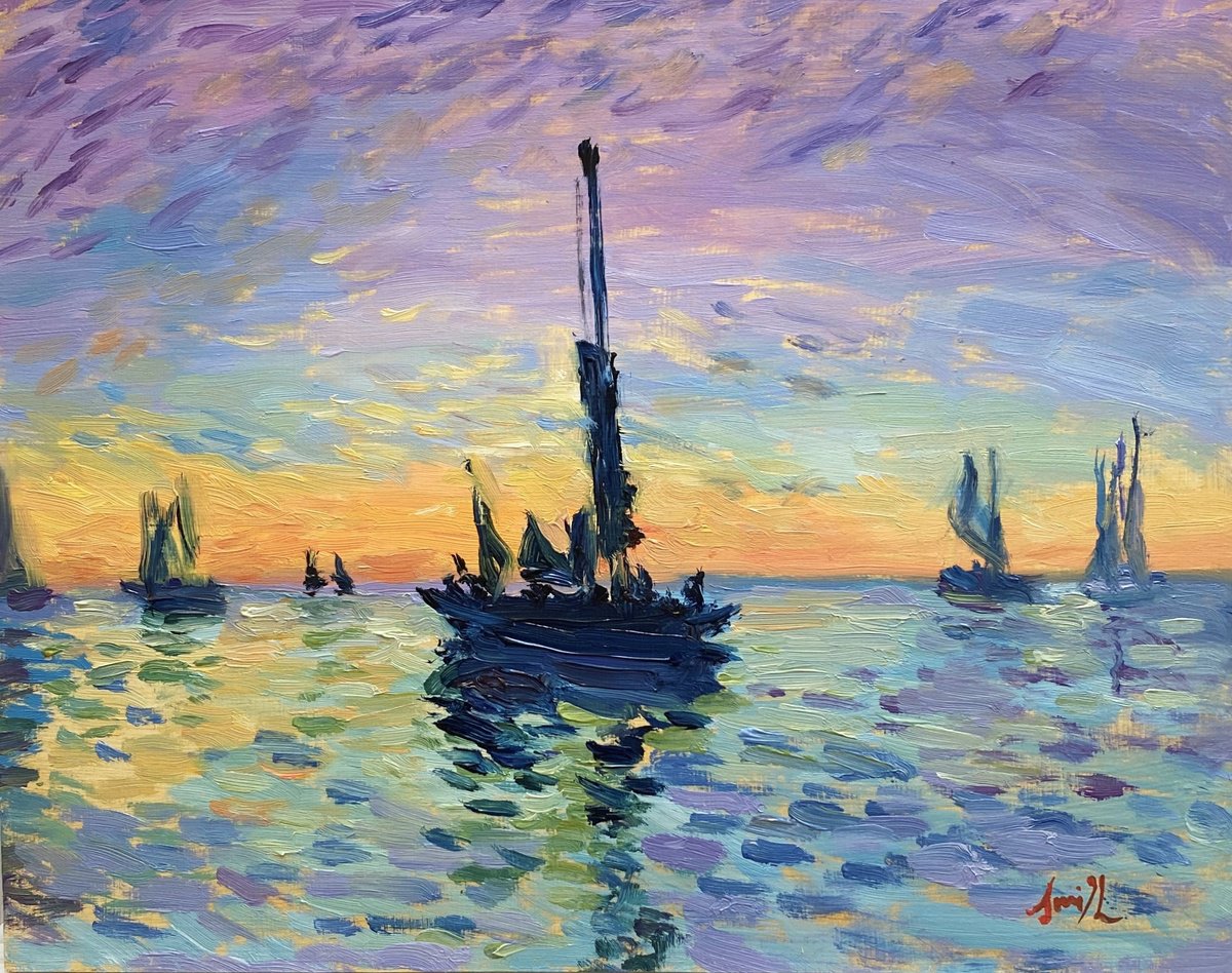 Sunset at sea With Boats. Original Impressionist Oil Painting. Oil ...