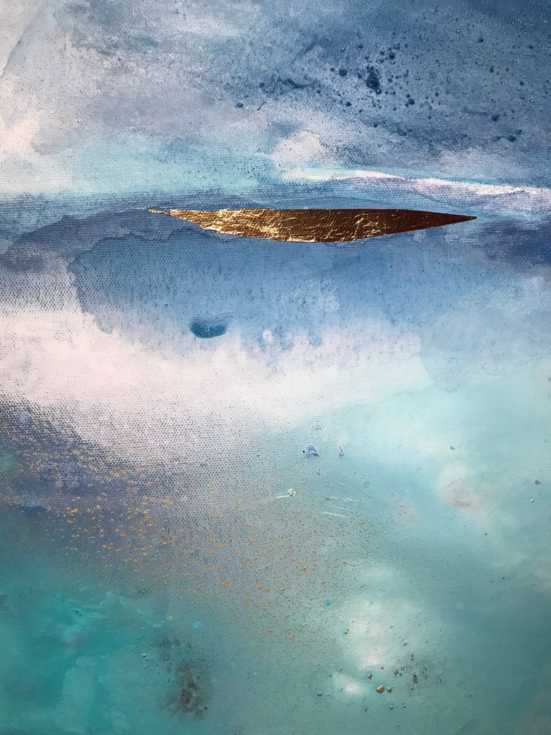 Abstract Blue Turquoise Beach Painting Atmospheric Impressionistic Soft Tones Seascape With Gold