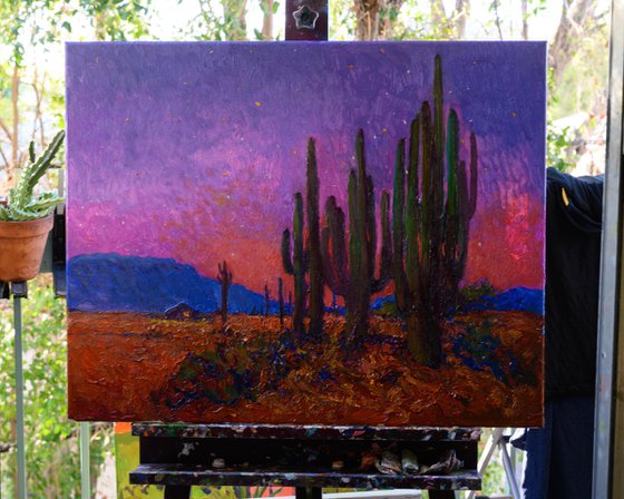 Twilight in the desert, Landscape with Saguaro Cactuses