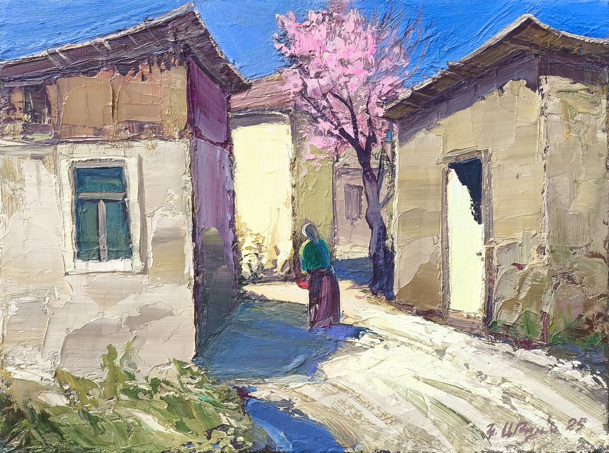 Impressionistic Landscape Oil Painting By Kamo Atoyan, 16 X 12", Quiet Village Lane, Original Artwork