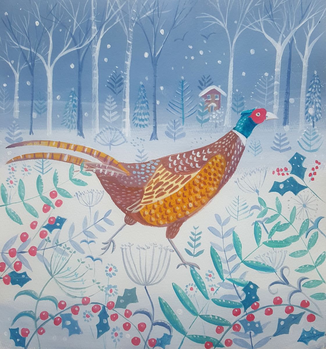 Pheasant in winter- Christmas painting- pheasant art by Mary Stubberfield