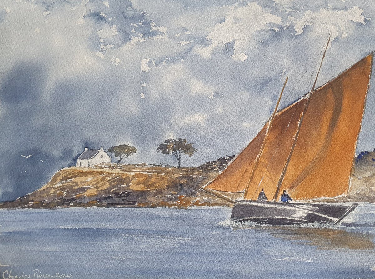 Impressionistic Watercolour , Breton Fishing Boat , Full Sail By Charles Pierson, 15 X 11, Artwork For Sale On Artfinder