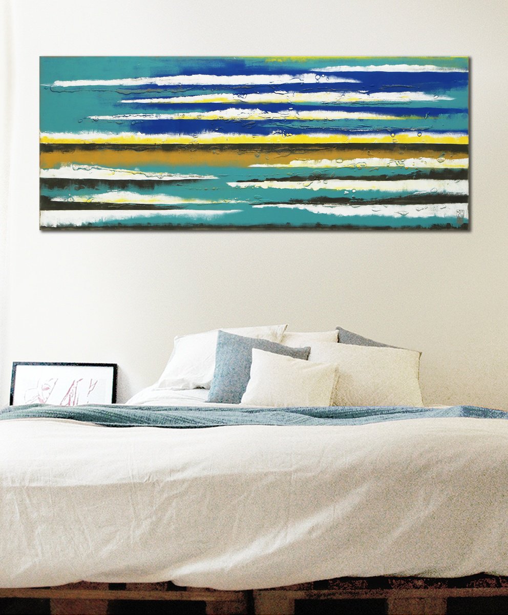 Abstract Landscape Acrylic Painting By Ronald Hunter, 59 X 24", Blue Horizon Landscape, Original Artwork