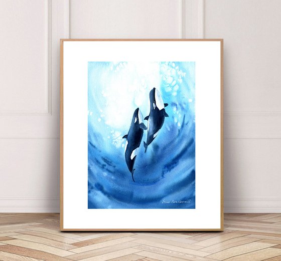 Ocean watercolor painting with whales, original coastal painting , whales in blue sea painting