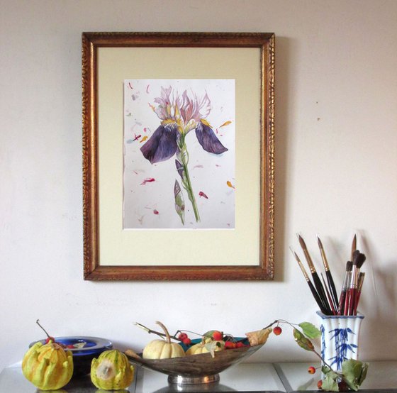 watercolor iris on hand made flower paper