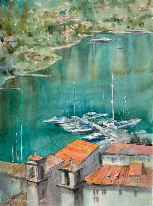 Kotor. View of the old town and bay. Watercolour by Marina Trushnikova. Ceascape. Architectural scenery. Plain air artwork. by Marina Trushnikova