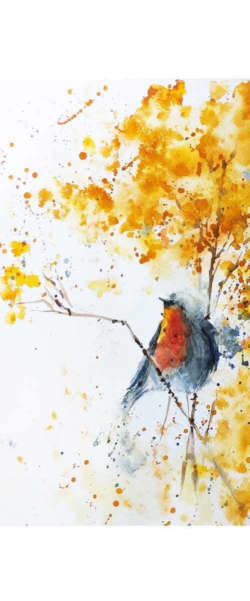 Robin bird original watercolour painting, wall art birds, spirited animal bird, nursery wall art, kitchen wall art, yellow flower with bird by Dawna Mae Mangeart