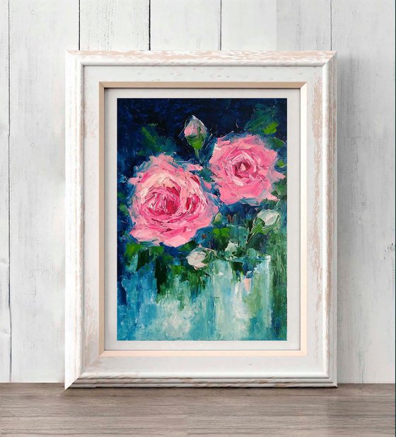 Pink Roses Painting Original Art Floral Artwork Flower Bouquet Wall Art