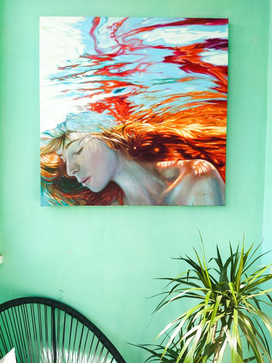 underwater original painting large format redhead girl underwater sun and sea underwater art mermaid underwater life art large wall painting "Fiery mermaid"