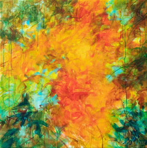 The four seasons : autumn symphony - ORIGINAL PAINTING One of a kind modern floral - contemporary nature - decorative abstract Orange green turquoise teal colorful joyful joyous by Fabienne Monestier