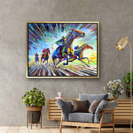 Dynamic Horse Racing Scene, Captivating Artwork of Leadership in Impressionist Style