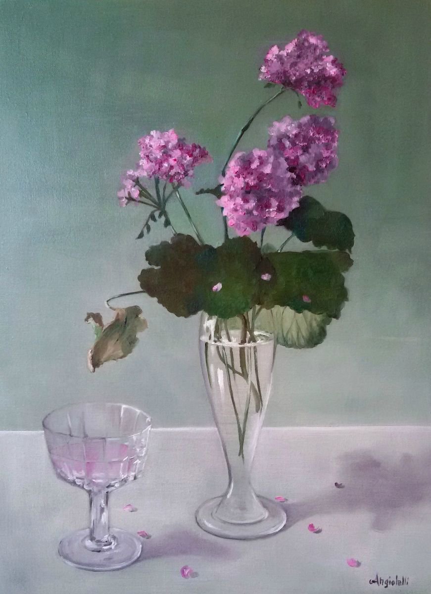 Photorealistic Still Life Oil Painting By Anna Rita Angiolelli, 12 X 16, Small Pink Flowers, Original Artwork