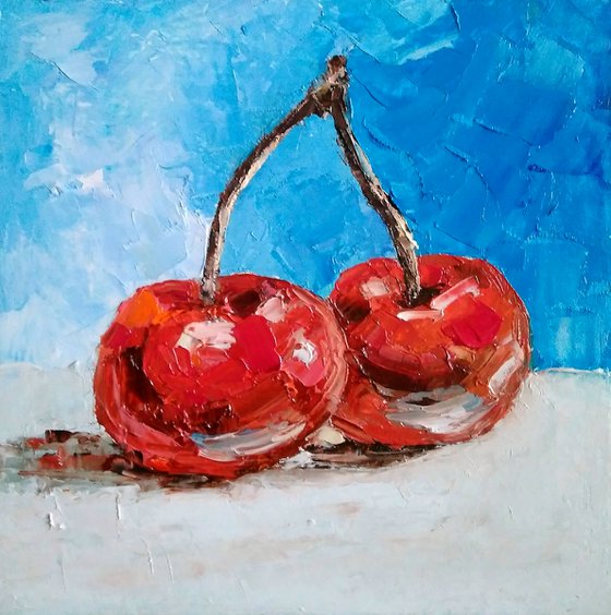 Couple Cherries Painting Original Art Fruit Artwork Berries Still Life Wall Art