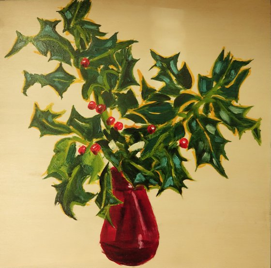 Holly in Red Vase