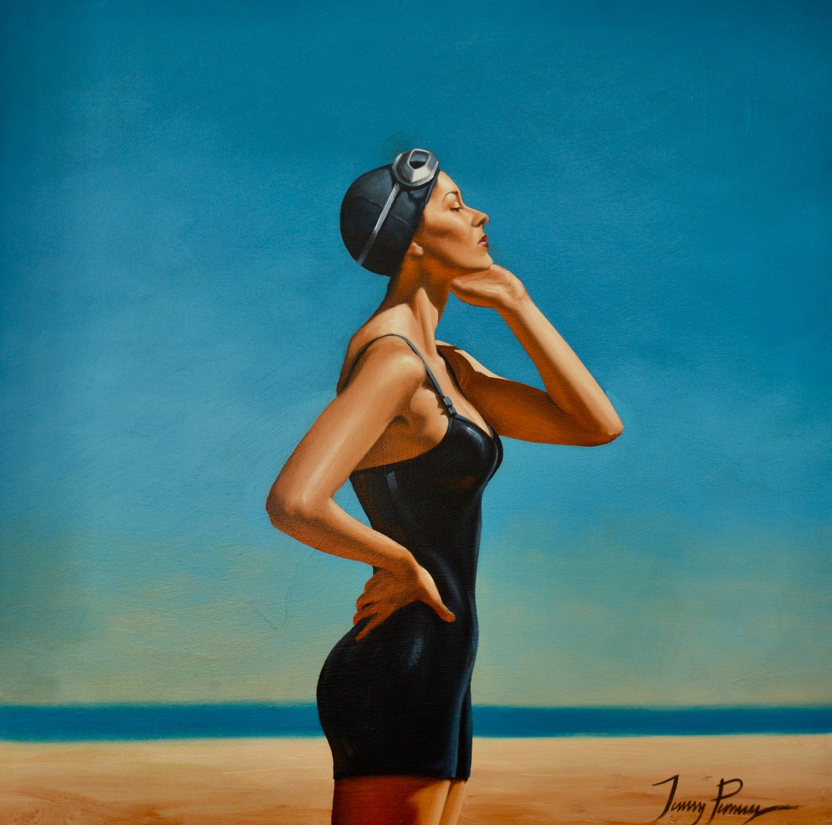 Impressionistic Portrait Oil Painting By Johnny Popkess, 20 X 20, Drying Off - In Black, Original Artwork