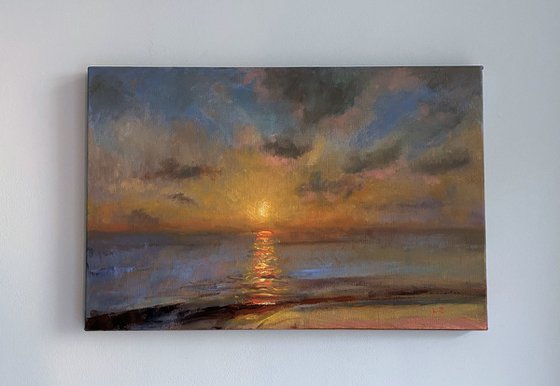 Evening Sunset over The Sea. Original Oil Painting on canvas ready to hang.