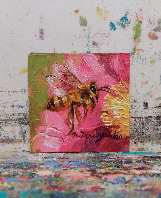 Bee artwork oil painting original 2x2, Bee on hot pink flower wall art tiny