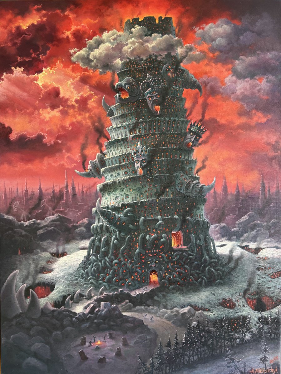 Photorealistic Cityscapes Oil Painting By Alexander Mikhalchyk, 24 X 31, The Dark Tower, Original Artwork