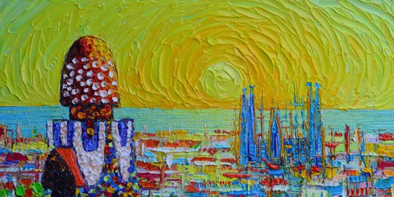 BARCELONA MAGICAL SUNRISE FROM PARK GUELL - Sagrada Familia in sunrise light - modern impressionism abstract stylized cityscape palette knife oil painting by Ana Maria Edulescu