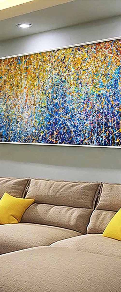 Large Yellow blue painting Navy blue abstraction Minimalist Modern yellow wall art by Nadiia Antoniuk