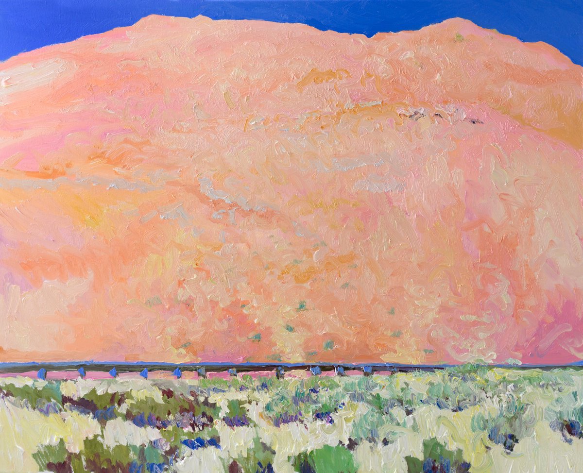 Expressive Landscape Oil Painting By Suren Nersisyan, 30 X 24", The Pink Desert Mountain, Original Artwork
