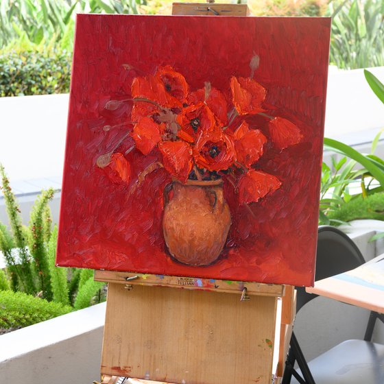Red Poppies in a Ceramic Jug