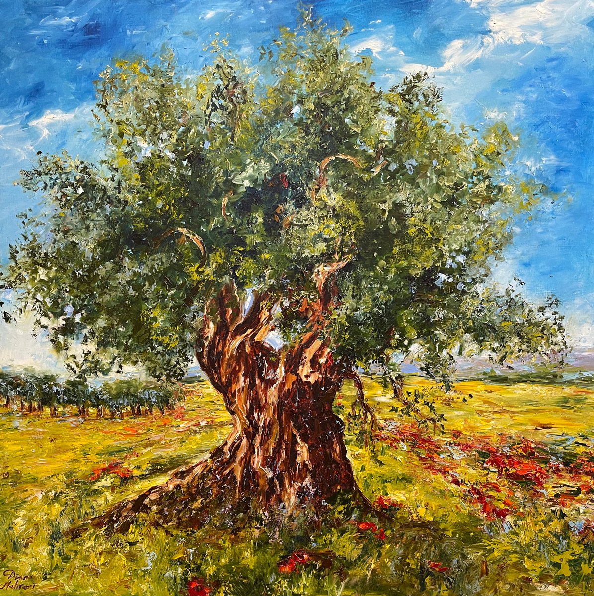 Impressionistic Botanical Oil Painting By Diana Malivani, 39 X 39, Olive Tree, Original Artwork